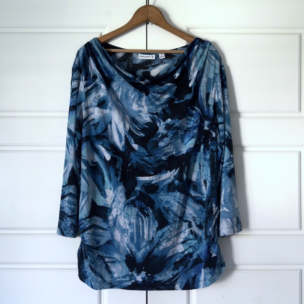 Susan Graver Liquid Knit Floral Tunic Top Large Blue Artsy Watercolor 3/4 Sleeve